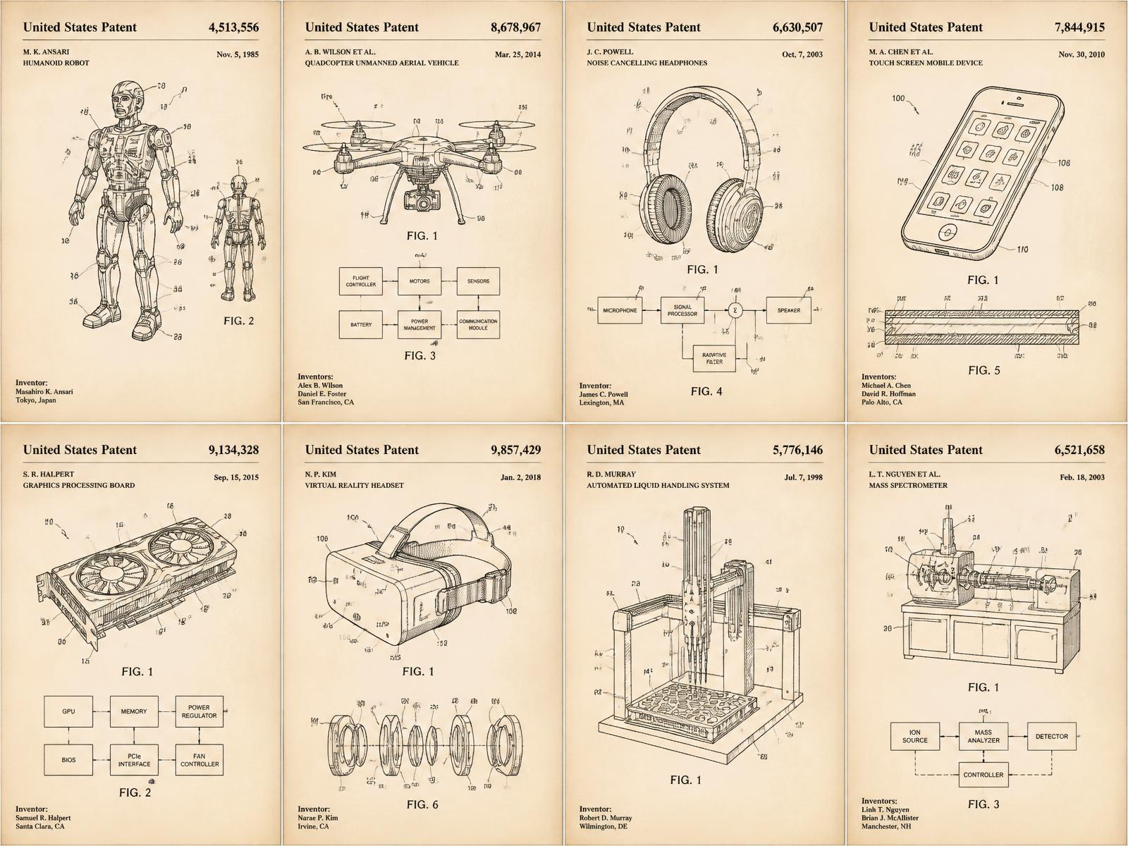 A collage of vintage USPTO-style patent drawings — humanoid robots, drones, headphones, phones, GPUs, VR headsets, liquid handlers, and mass spectrometers on cream paper.